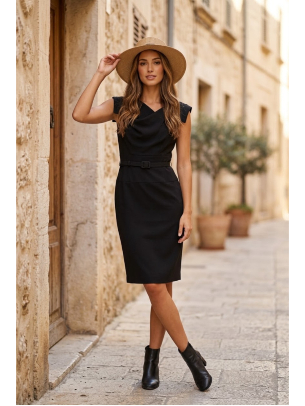 Shelby & Palmer Black Midi Dress Sz 8 Cowl Belted OfficeSiren LBD Sophisticated